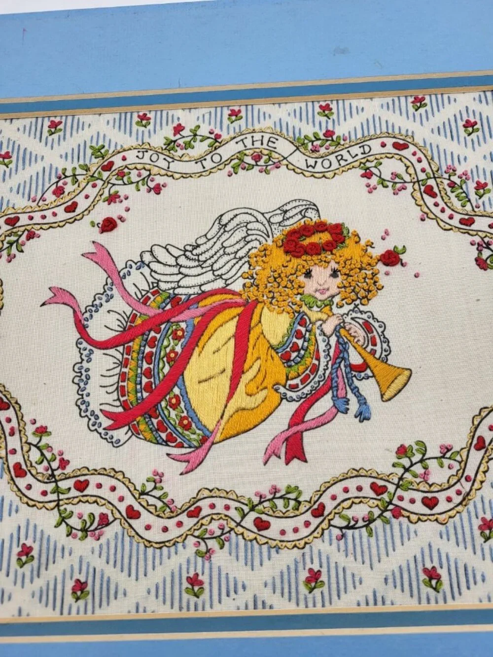Vintage Herald Angel Embroidered needlepoint picture Textured Joy to the world